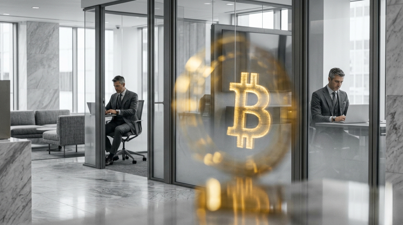 Modern bankfiók arany Bitcoin tükröződéssel